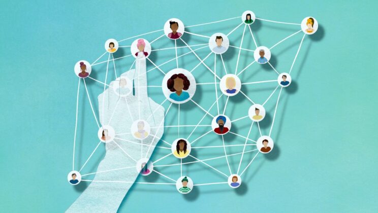 a diverse range of people represented as avatars, connected by lines showing a conceptual social media network