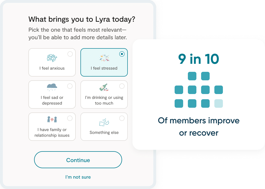 Screenshot within Lyra app asking users "What brings you to Lyra Today?", along with illustration indicating 9 in 10 members improve or recover with Lyra