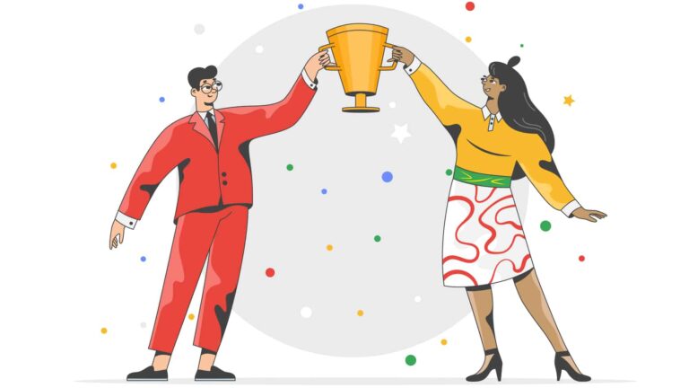 Illustration of a confident businessman in stylish eyeglasses and a red suit, standing alongside a black businesswoman and holding a gleaming golden cup. Vibrant confetti fills the background. The concepts of ambition, accomplishment, partnership, synergy, determination, and entrepreneurship. It showcases the power of collaboration and teamwork in achieving success in a competitive business environment.