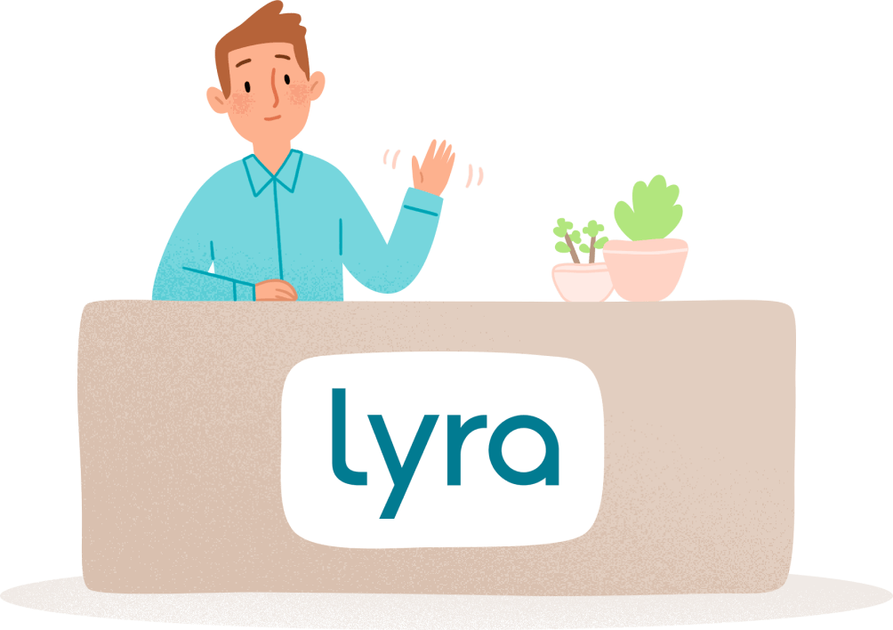 illustration of man sitting at a lyra branded desk