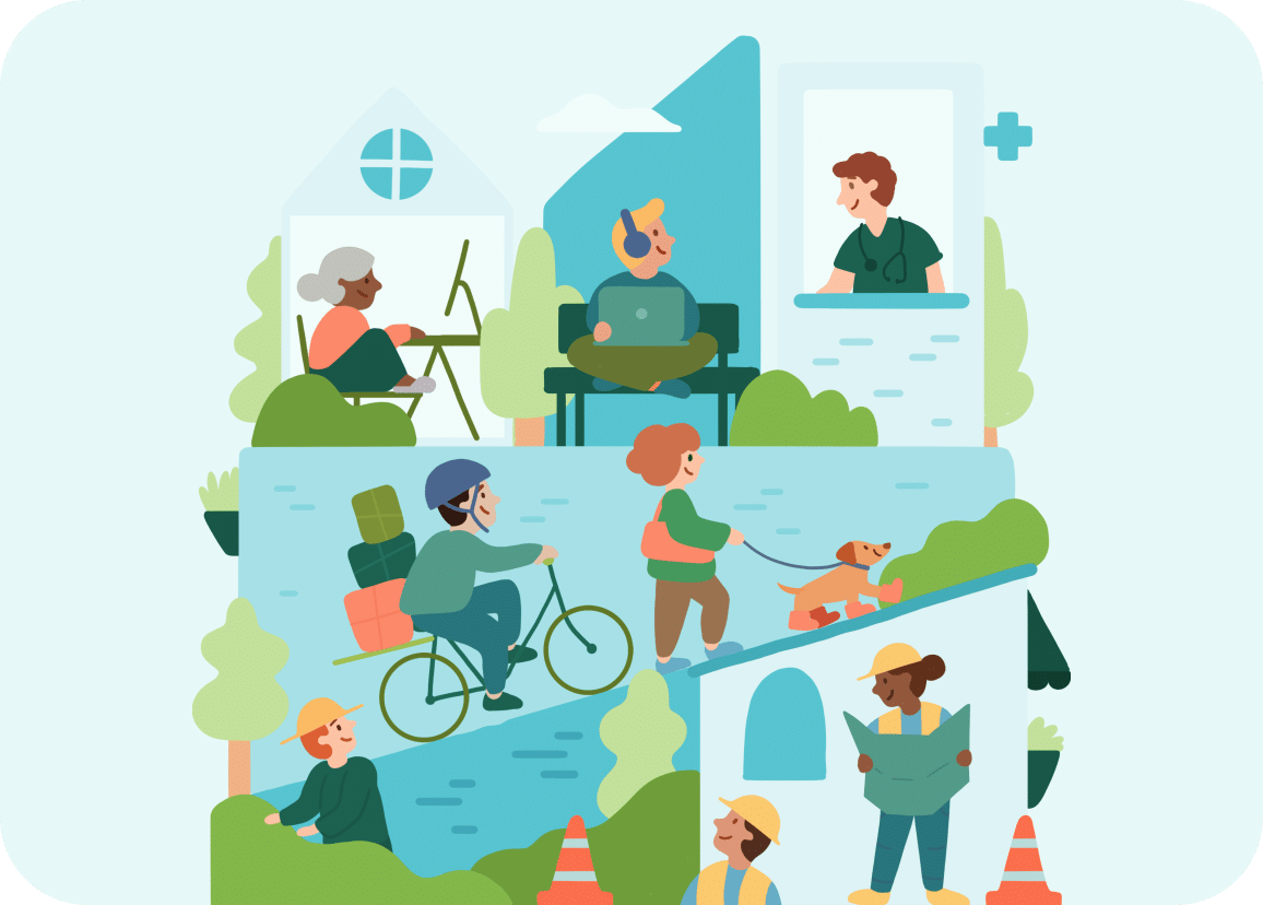 illustrated collage of people doing different daily activities